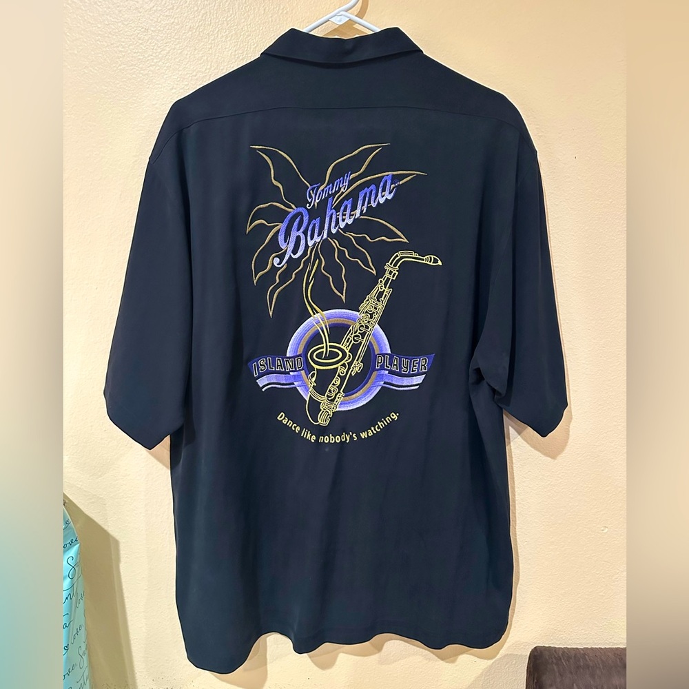 Vintage Tommy Bahama Embroidered Silk Shirt Island Player Dance Saxophone